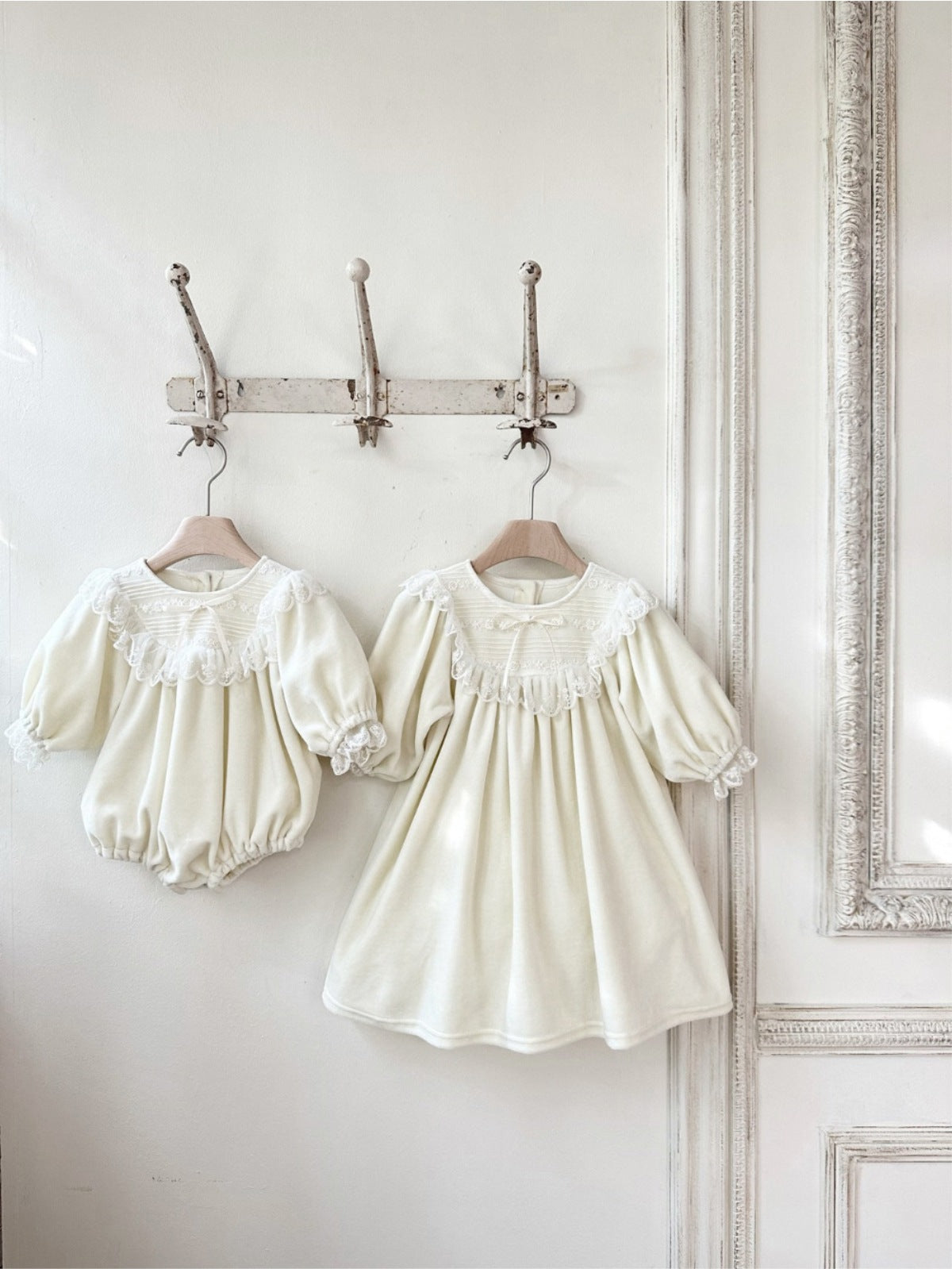 長袖ワンピース ベロア レースリボン パフスリーブ ドレス フォーマル【mh0011635】