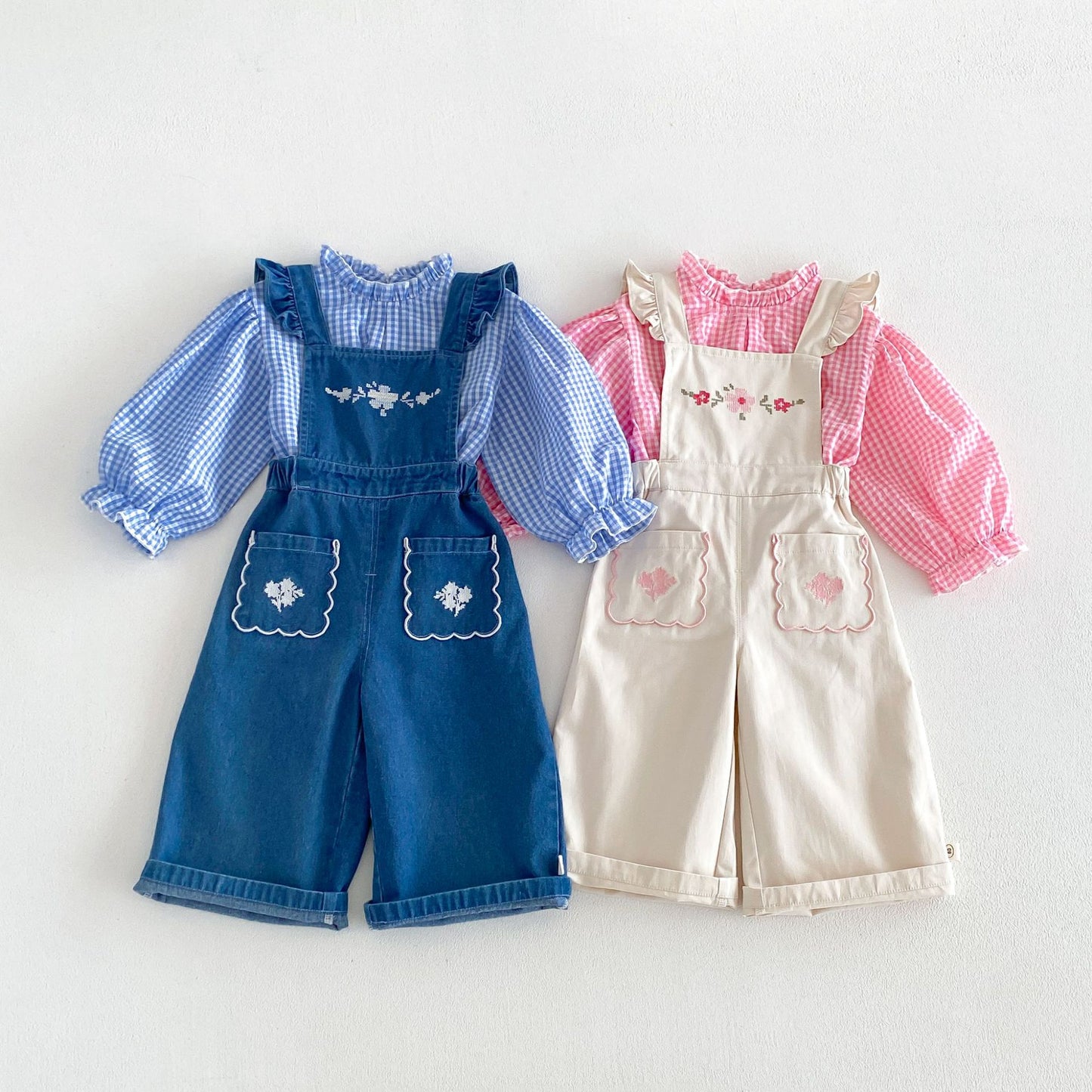 Blusa de manga larga con estampado de cuadros vichy para niños, con bordado floral y peto con pantalón [mh0014043]