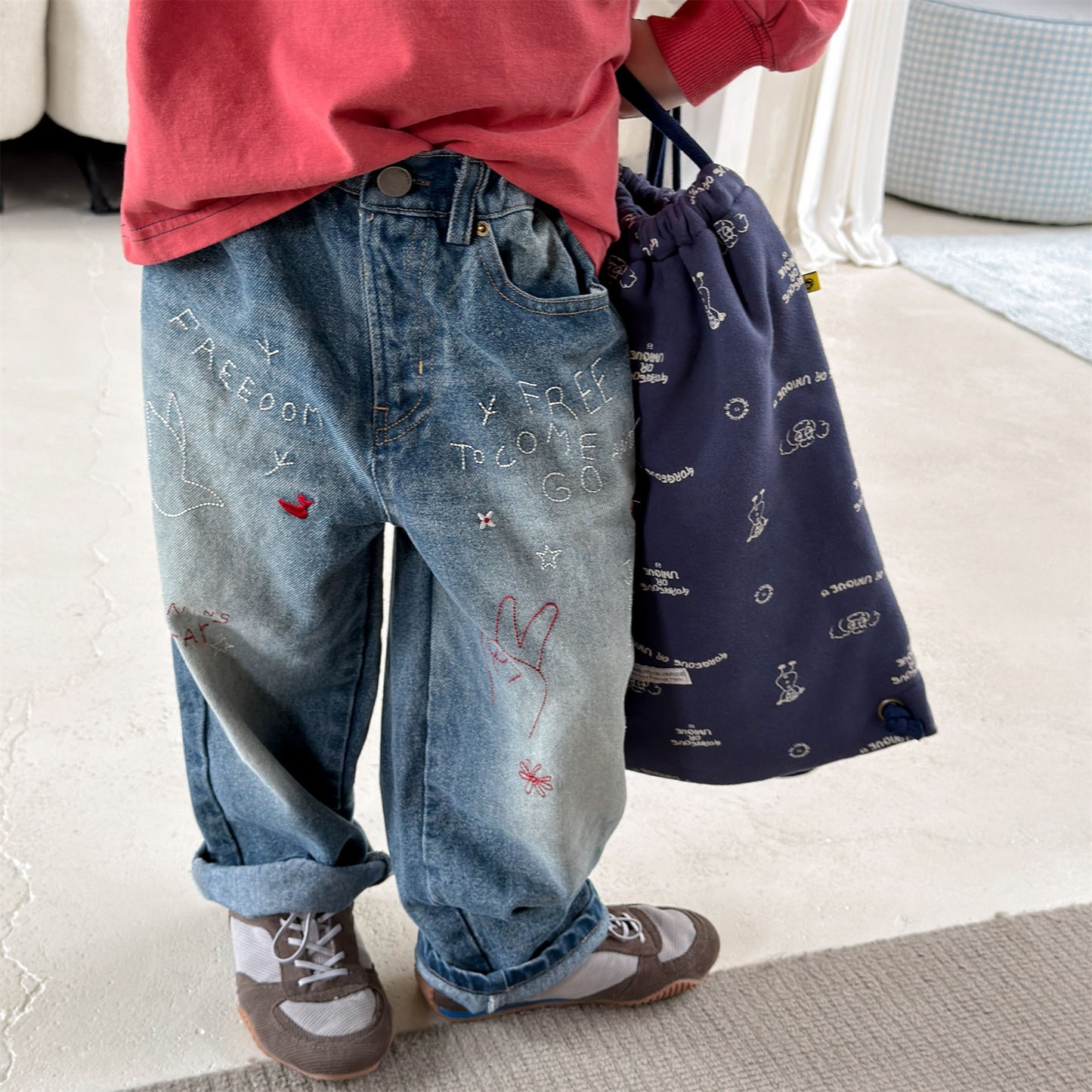 Kids' Hand-Drawn Print Pocket Loose Denim Pants [mh0014063]
