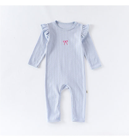 長袖ロンパース コットン フリル 刺繍 リブ カバーオール【mh0011699】