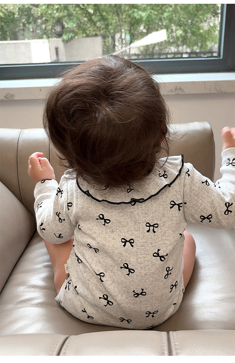 長袖ロンパース ラッフル襟 リボンプリント ボディスーツ【mh0011728】