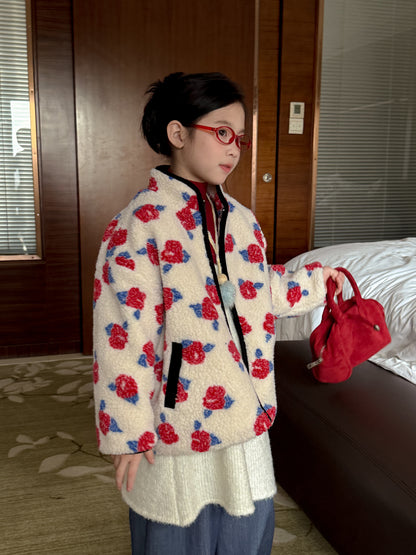 ボアジャケット キッズ フラワープリント 厚手 スタンドカラー カジュアル ジップアウター【mh0011686】
