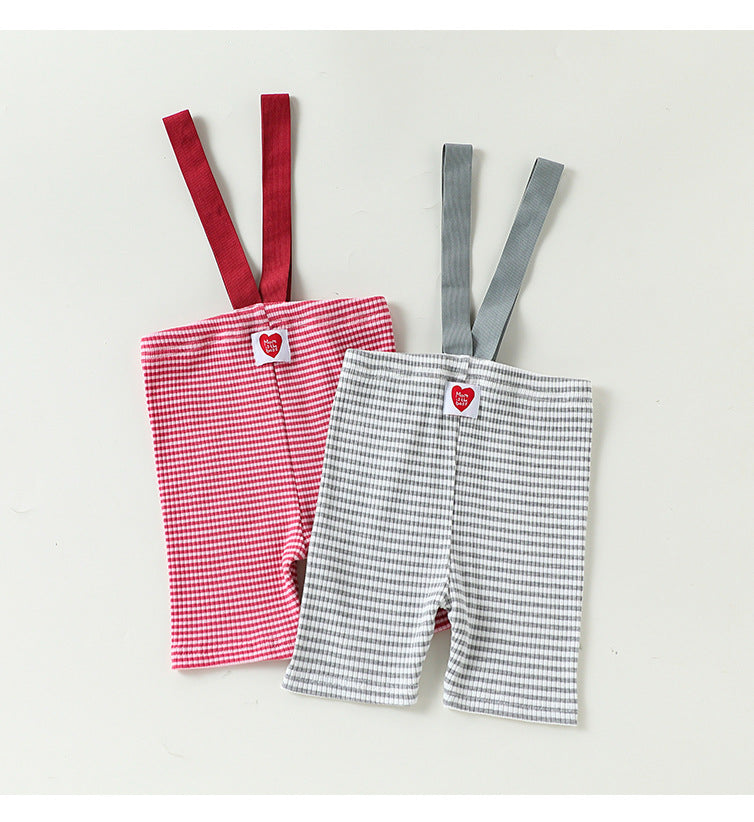 High Waisted Suspender Cotton Shorts Gingham Suspender Half Pants [mh0012782]
