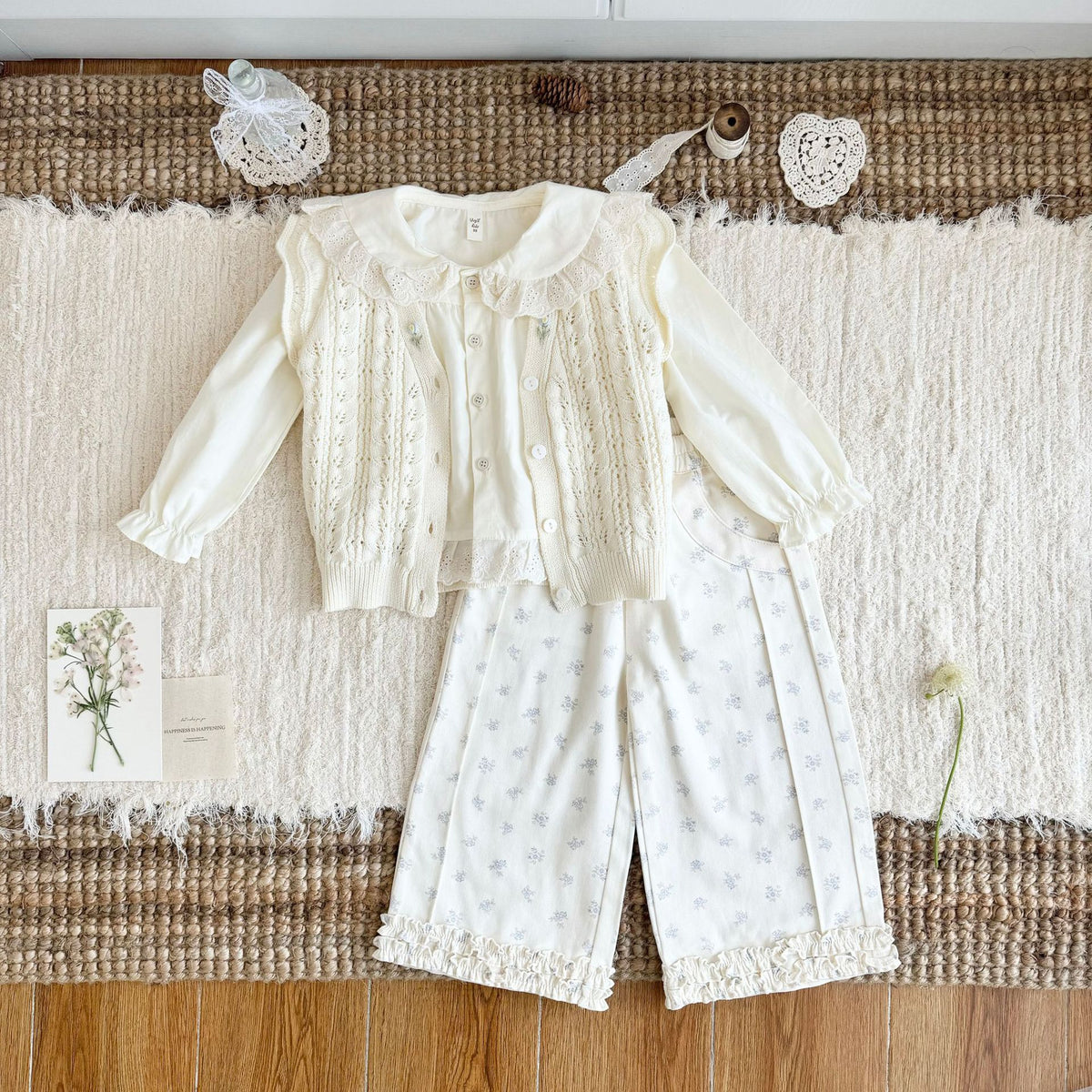 キッズ 刺繍 レース フリル 丸襟 長袖ブラウス【mh0014611】