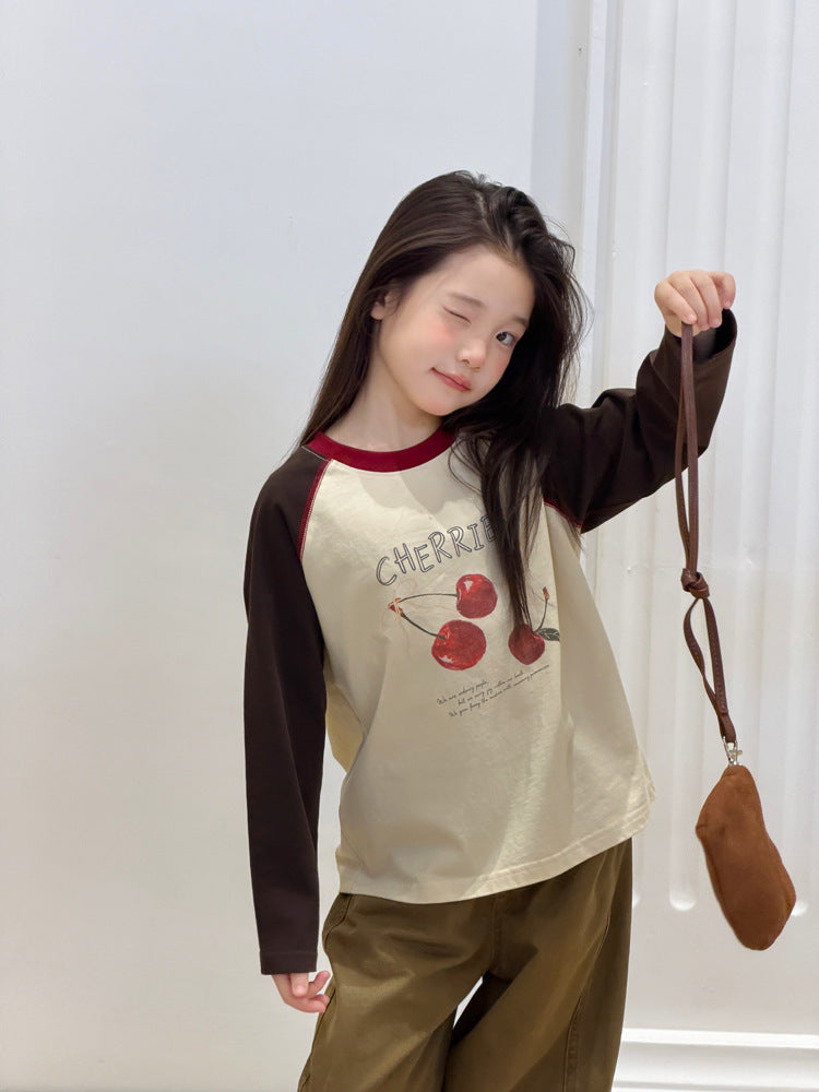 キッズ ジュニア 配色 バイカラー ラグラン プリント 長袖Tシャツ【mh0014416】