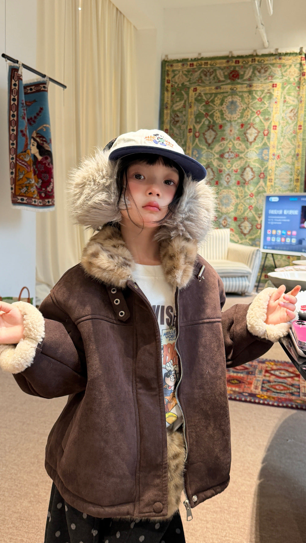 Chaqueta de antelina con cuello de pelo de leopardo y pantalones largos de lunares para niños y jóvenes 【mh0014693】