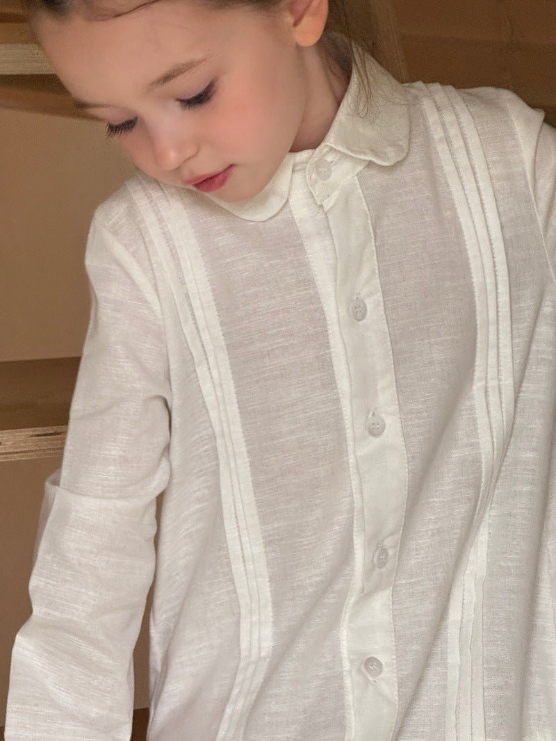 Kids' Ruffled Pintuck Front Button Long-Sleeve Shirt Dress