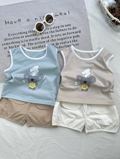 Conjunto de camiseta sin mangas y pantalones cortos con gráfico de Koala Chef | Set de camiseta sin mangas y pantalones cortos de animales【mh0012924】
