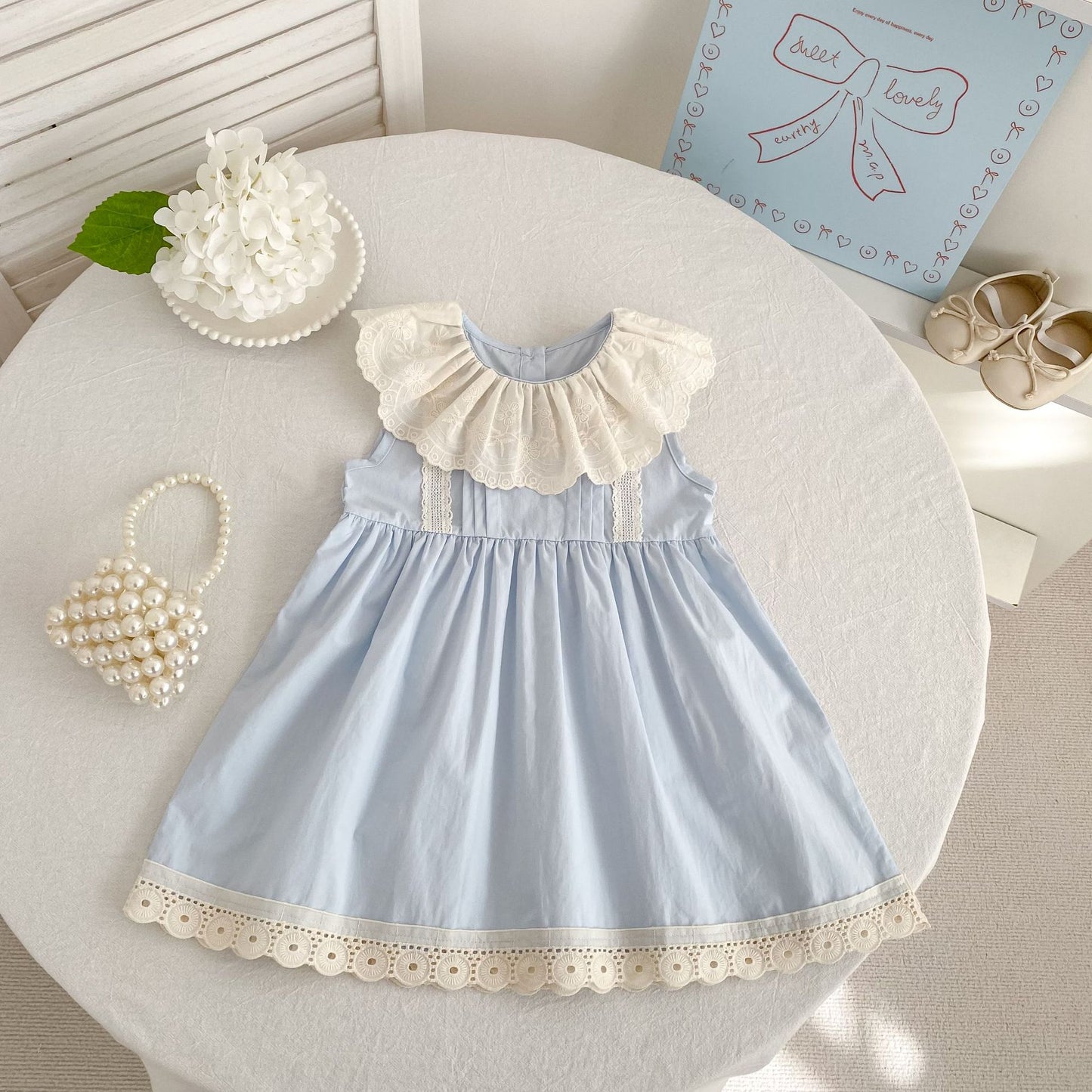 Vestido midi tipo pelele con cuello de encaje con volantes【mh0013162】