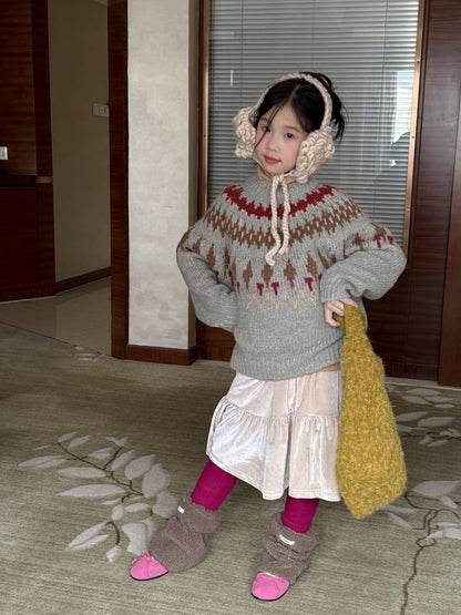 ニットセーター キッズ 求心柄 厚手 クルーネック ルーズフィット カジュアル【mh0011684】
