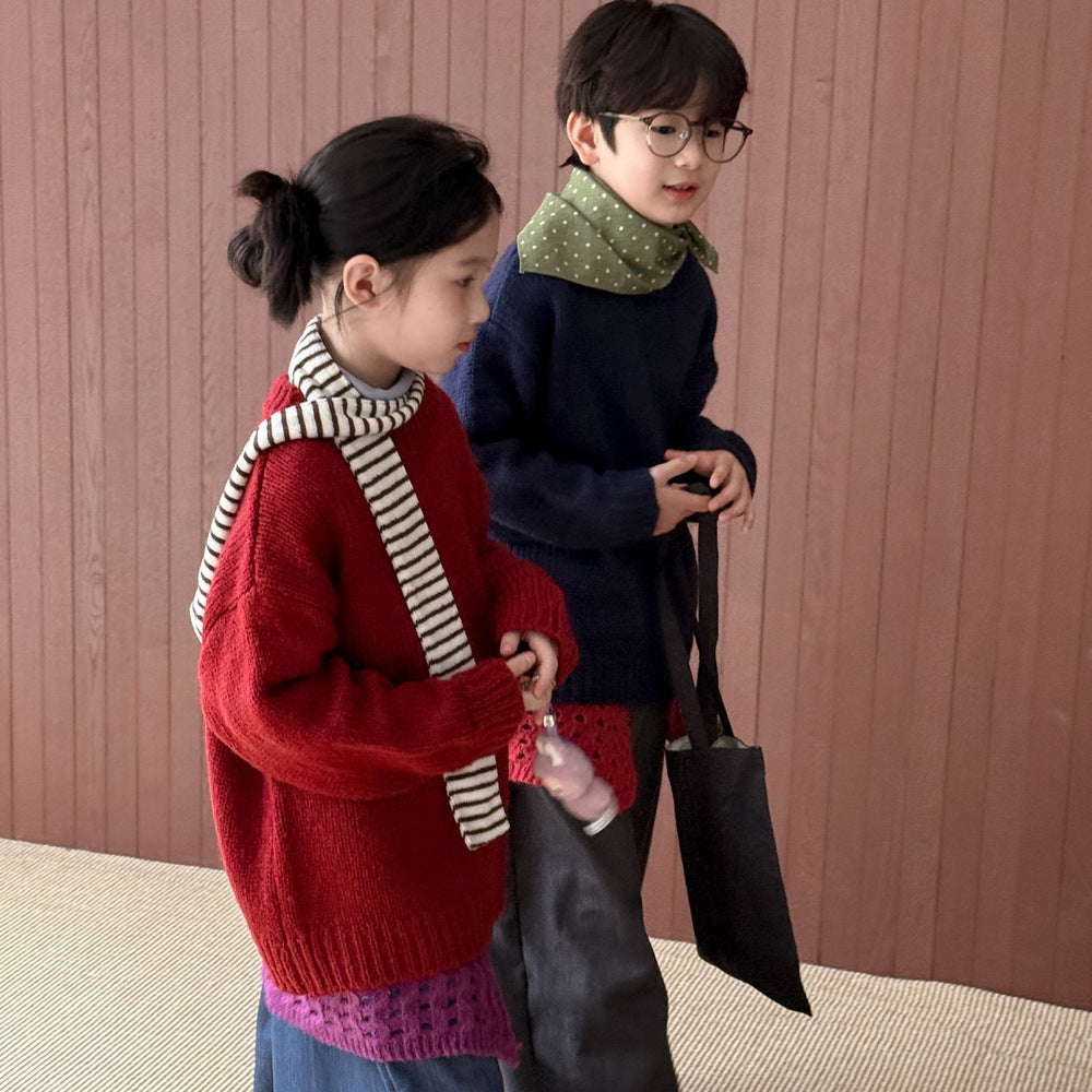 ニットセーター キッズ 裏起毛 厚手 クルーネック 無地 ルーズフィット プルオーバー【mh0011674】