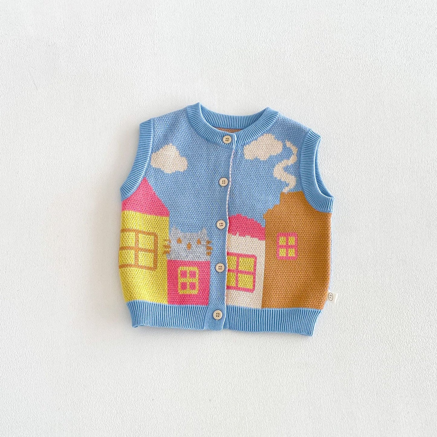 Chaleco de punto jacquard con motivo de casa para niños, cuello con volantes, blusa de manga larga y pantalones acampanados【mh0014046】