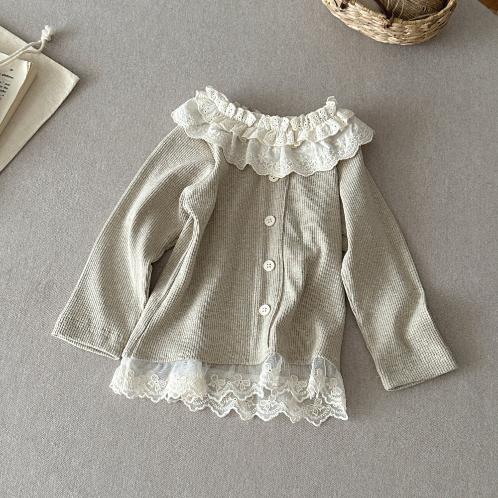 Camiseta de manga larga para bebés y niños, con cuello con volantes, bajo con volantes y botones frontales, tejido de canalé [mh0014486]