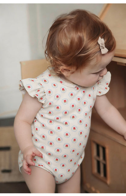 Frill Sleeve Cotton Romper フラワー チェリー フリル袖ロンパース【mh0012780】