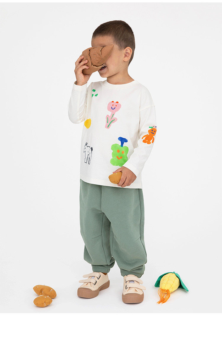 Camiseta de manga larga holgada con hombros caídos y estampado infantil [mh0014201]