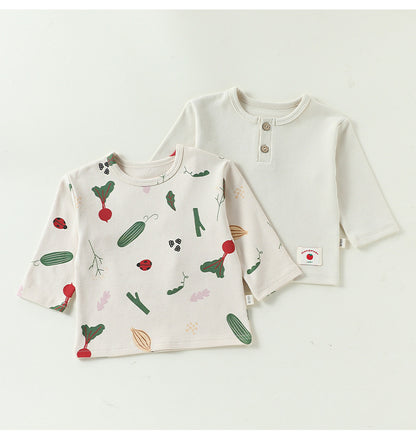 白地 野菜フルーツプリント 長袖ヘンリーネックTシャツ