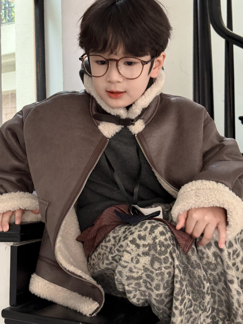 フェイクムートンジャケット キッズ ボア 厚手 ラペル フェイクレザー アウター【mh0011677】