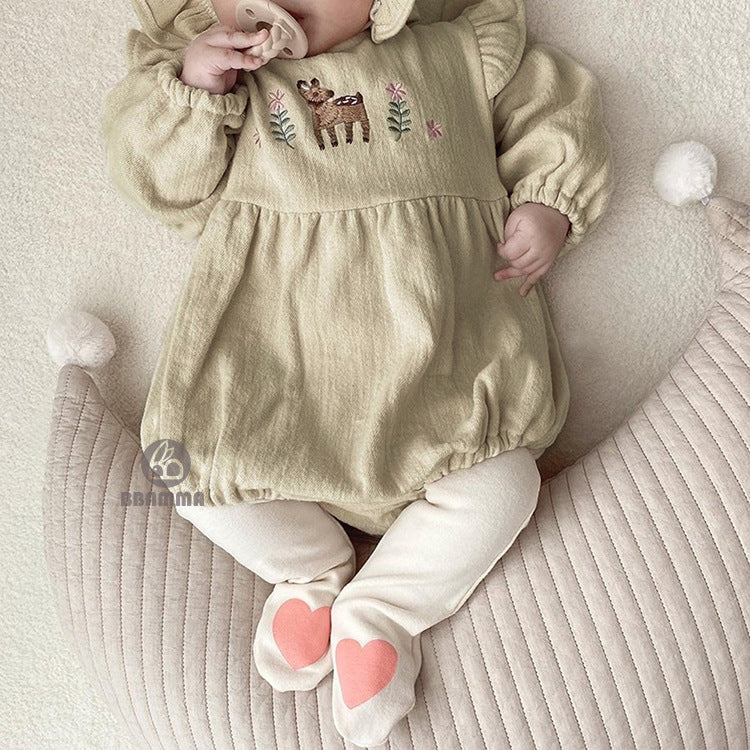 Fawn Embroidered Ruffle Bodysuit 小鹿 刺繍 フリル 長袖ロンパース【mh0012696】