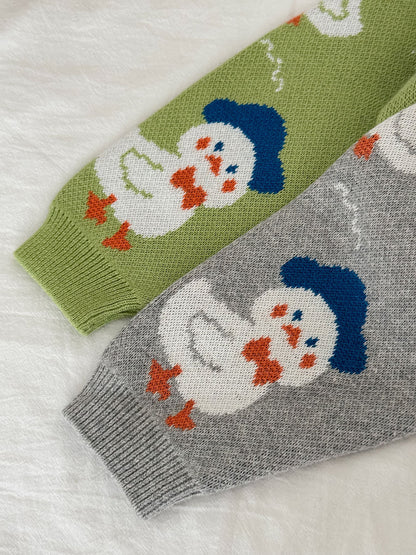 ニットセーター アヒル柄 厚手 クルーネック コットン ルーズフィット【mh0011690】