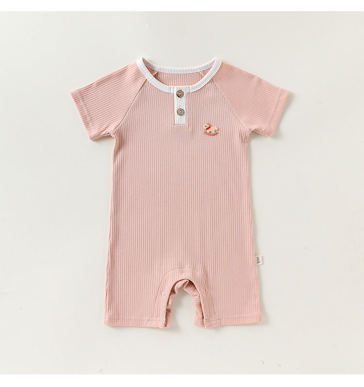 Henley Neckline Short Sleeve Modal Romper ワンポイント 刺繍 半袖ロンパース【mh0012781】