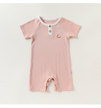 Henley Neckline Short Sleeve Modal Romper ワンポイント 刺繍 半袖ロンパース【mh0012781】