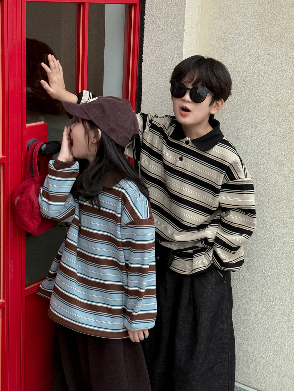 長袖ポロシャツ キッズ ボーダー柄 裏起毛 厚手 ゆったり カジュアル トップス【mh0011669】