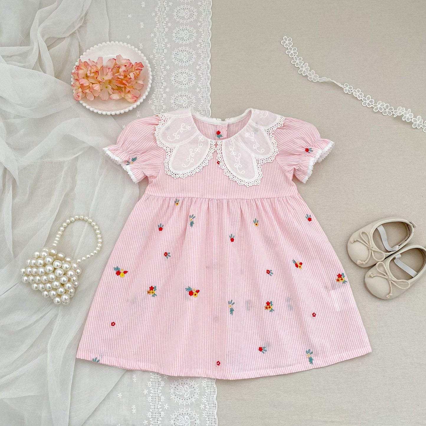 Stripe Embroidery Romper Dress Mono-vestido con bordados de rayas [mh0013168]