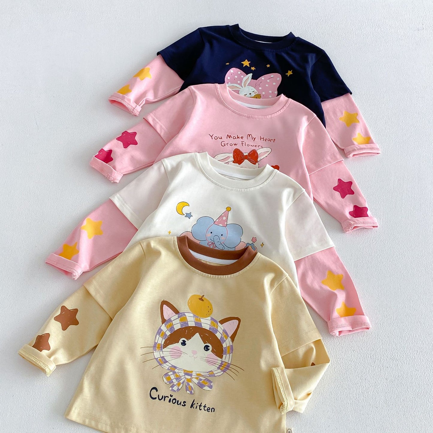 Camiseta de manga larga efecto doble capa con personajes infantiles para niños【mh0014041】