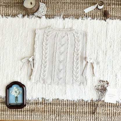 キッズ ハート ケーブル リボン ニット ベスト 長袖ブラウス ロングパンツ【mh0014615】