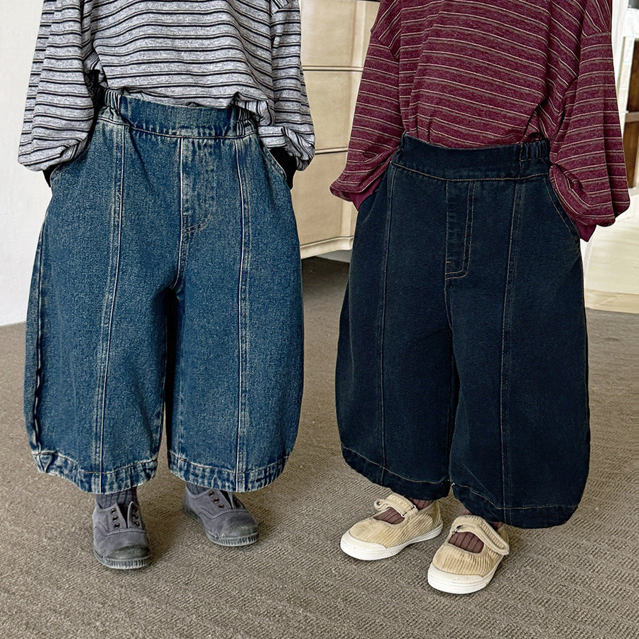 キッズ パッチワーク ウォッシュ ワイド ルーズ クロップド デニムパンツ【mh0014299】