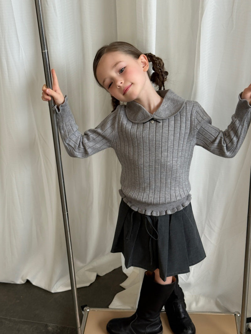 Kids' Ribbed Knit Round Neck Long-Sleeve Pullover with Frills