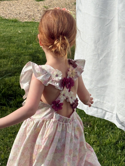 Flower Embellished Backless Frill Dress フローラル 肩フリル ノースリーブワンピース【mh0012813】