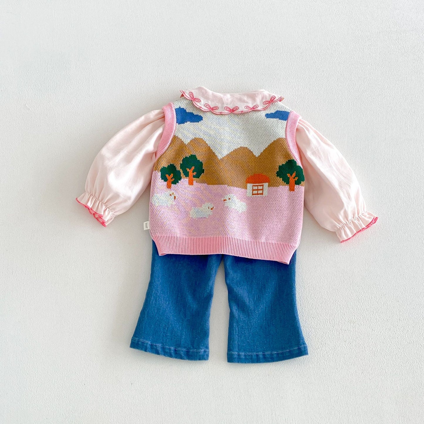 Chaleco de punto jacquard para niños, camisa de manga larga con volantes, pantalones vaqueros【mh0014038】