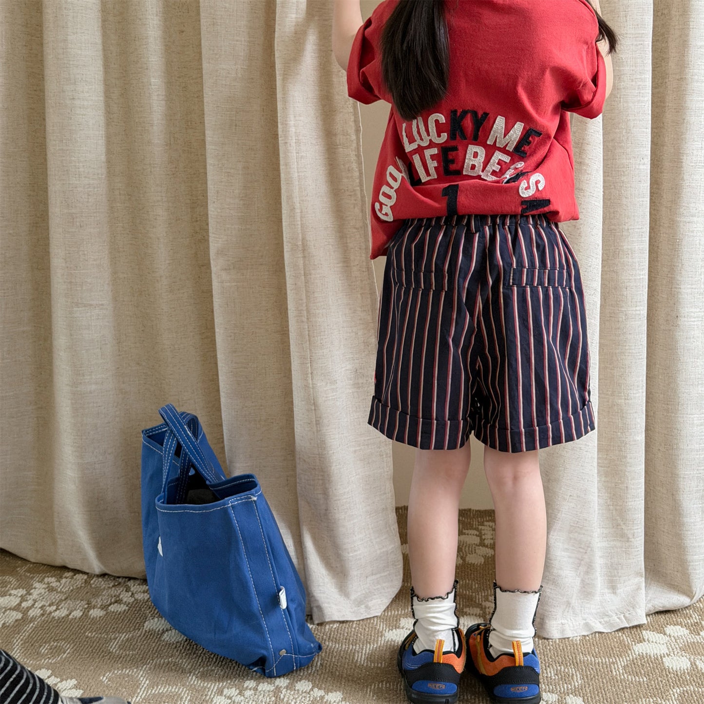Navy Red Stripe Cotton Shorts ストライプ ショートパンツ【mh0012664】