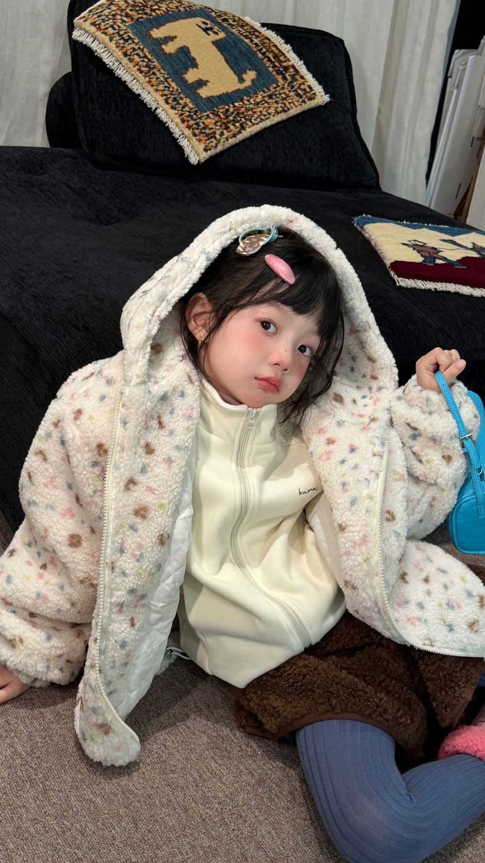 Children's 2026 Girls' Floral Lamb Shearling Hooded Jacket, Thickened Cotton-Padded Children's Coat, Warm Zipper Jacket【mh0014699】