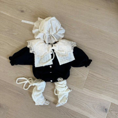 長袖ロンパース レース襟 ボリューム袖 フロントボタン ボディスーツ【mh0011630】