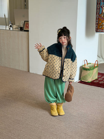 Mo Xiao Meng Children's Wool Sweater 2026 Winter Girls' Korean Color-Block Patchwork Sherpa Jacket Children's Thickened Cotton Jacket【mh0014694】