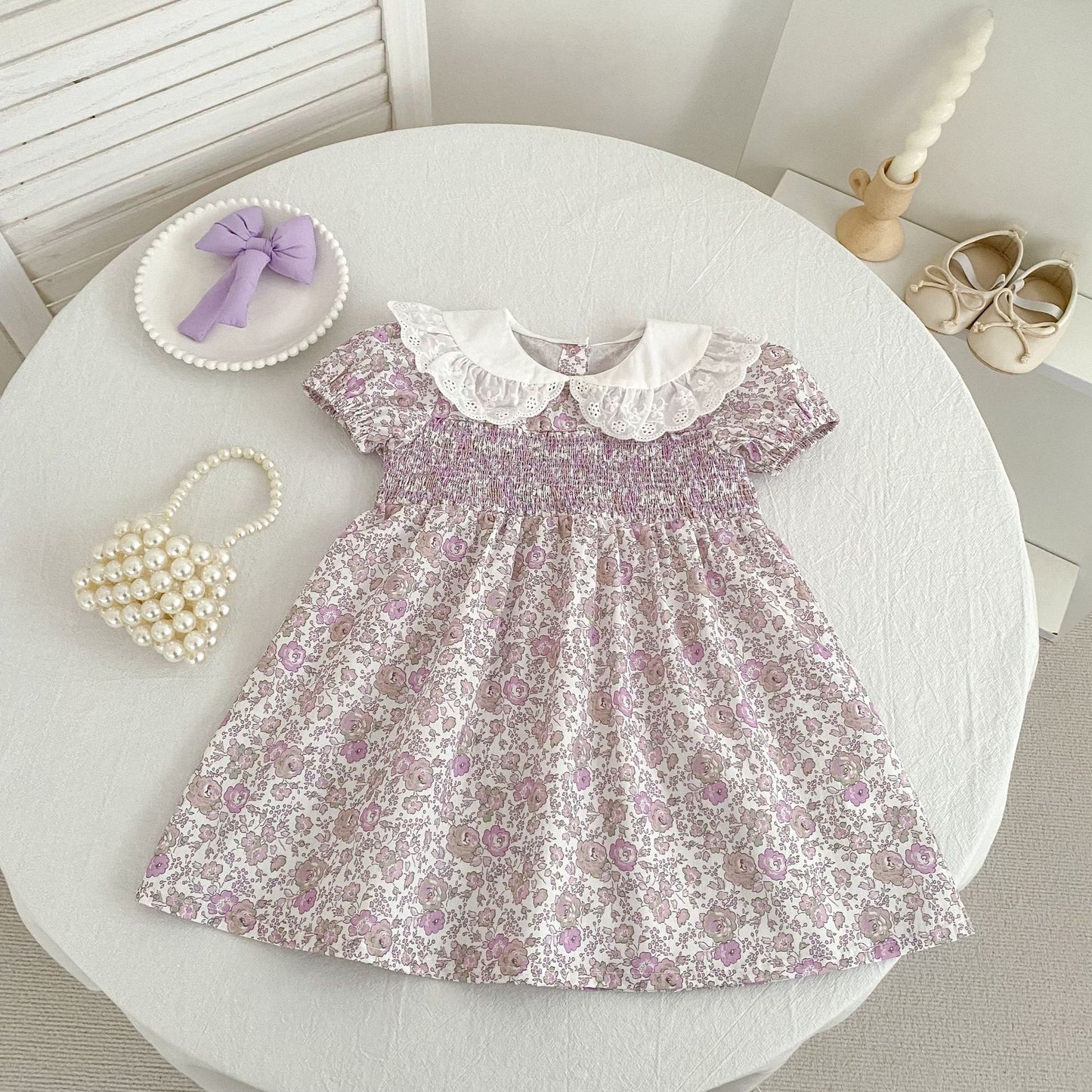 Floral Lace Collar Dress Romper Vestido con cuello de volantes y mangas cortas Mameluco de manga corta【mh0013156】