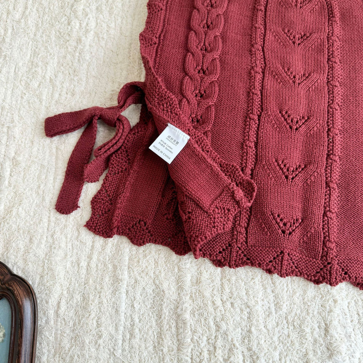 キッズ フラワー チェリー 刺繍 フリル ニット ベスト 長袖 ブラウス ワイド デニムパンツ【mh0014607】