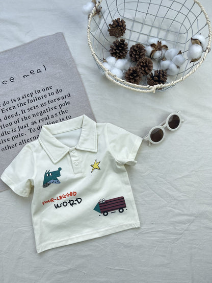 Cartoon Polo Shirt Set クレヨン風イラスト 半袖ポロシャツ ショートパンツセット【mh0012919】