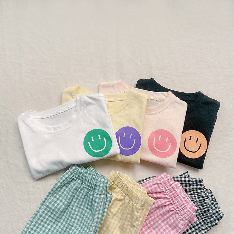 Smiley Long Sleeve Tee & Plaid Pants Set スマイル プリント チェック柄 セットアップ【mh0012672】