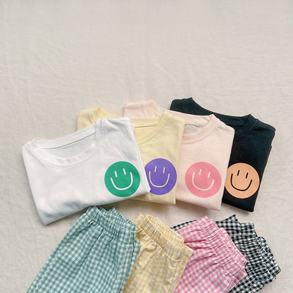 Smiley Long Sleeve Tee & Plaid Pants Set スマイル プリント チェック柄 セットアップ【mh0012672】