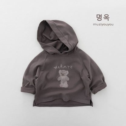 フード付き長袖Tシャツ（ダークグレー、クマと「WARMTH」プリント）