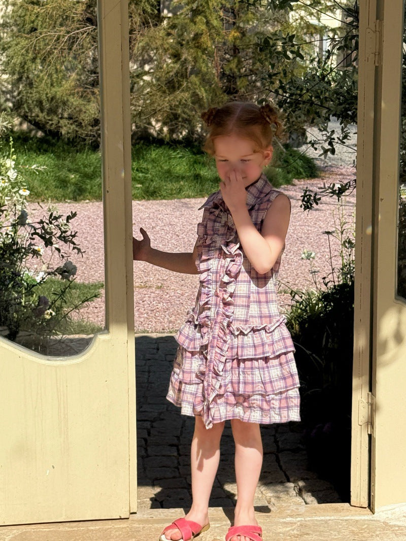 Sleeveless Plaid Patchwork Ruffled Dress チェック ノースリーブワンピース【mh0013265】