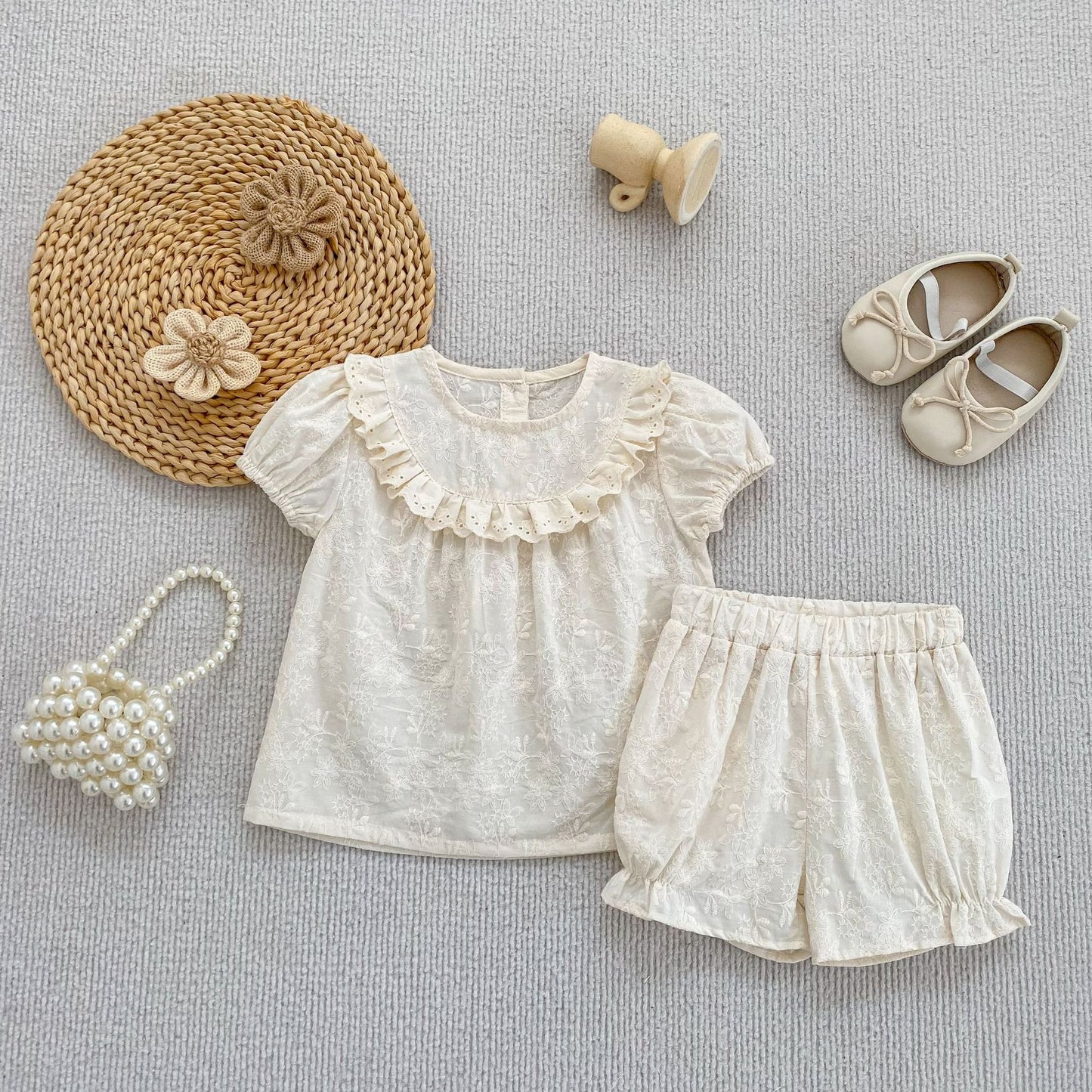 Embroidered Ruffle Romper And Blouse Shorts フリル ロンパース ブラウス ショートパンツ【mh0013163】