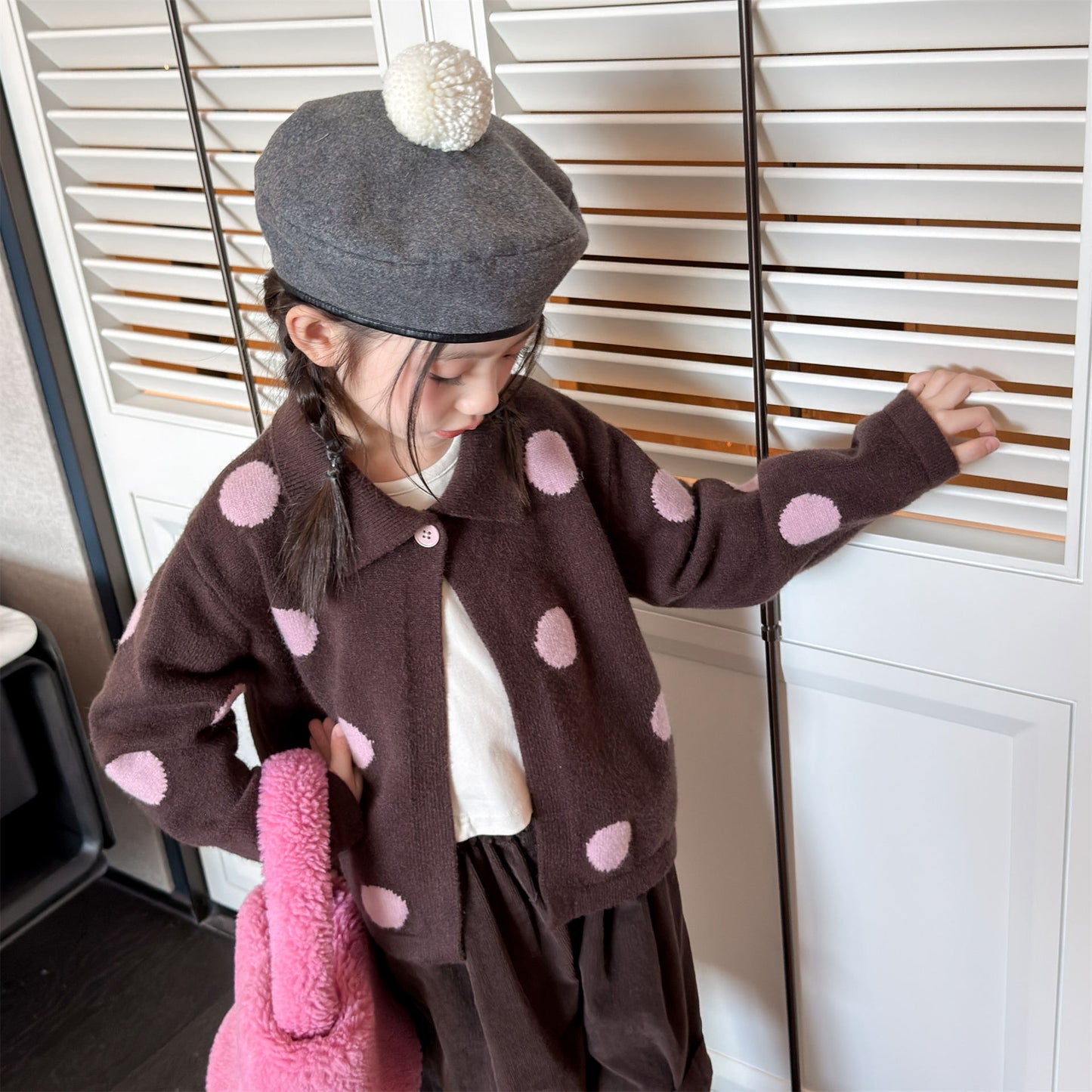 Kids' Polka Dot Collared Button-Up Long-Sleeve Knit Cardigan [mh0014056]