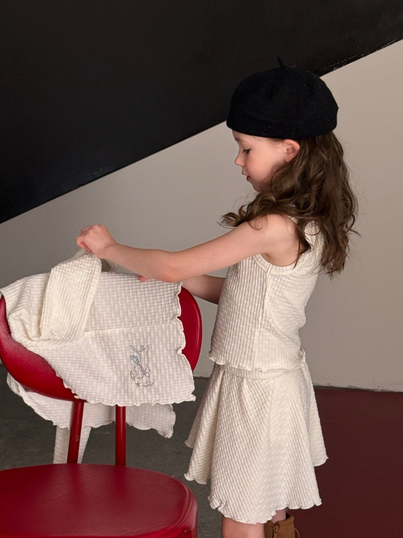 Kids' Mellow Frill Waffle Knit Long-Sleeve Cardigan, Camisole, and Flare Skirt Set [mh0014077]
