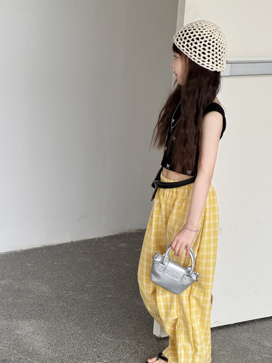 Ribbon Print Crop Top リボン ノースリーブTシャツ【mh0013064】