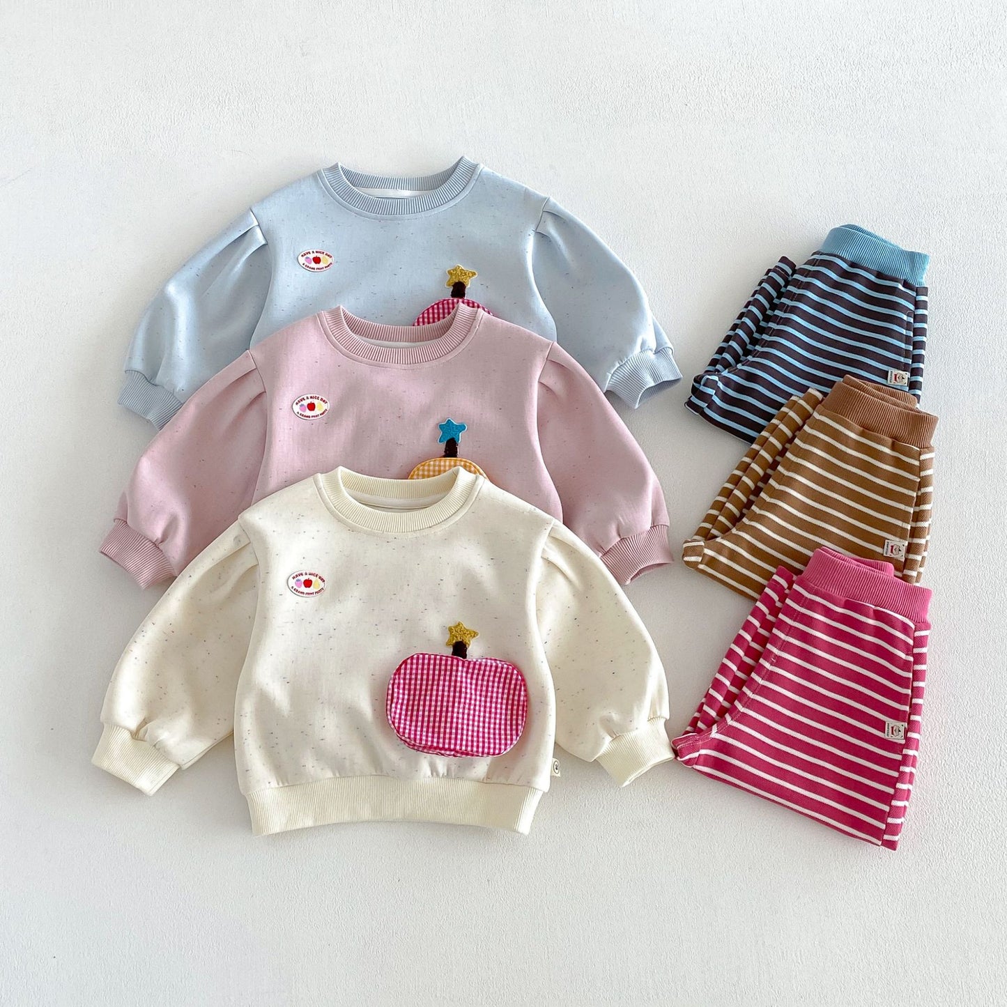 キッズ フルーツ ポケット パッチ 長袖スウェット ボーダー ロングパンツ【mh0014039】