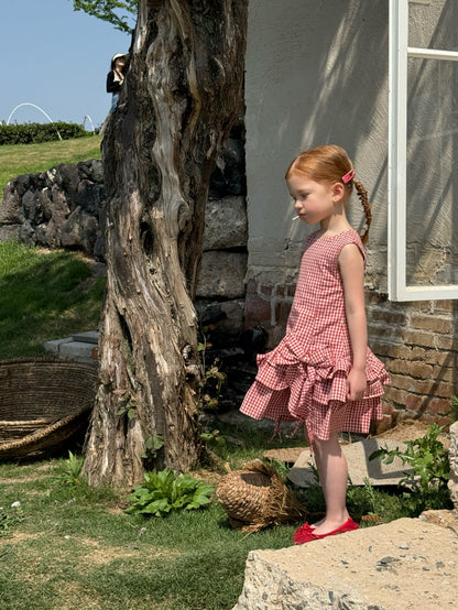 Tiered Ruffle Plaid Sundress ギンガムチェック ノースリーブワンピース【mh0012802】